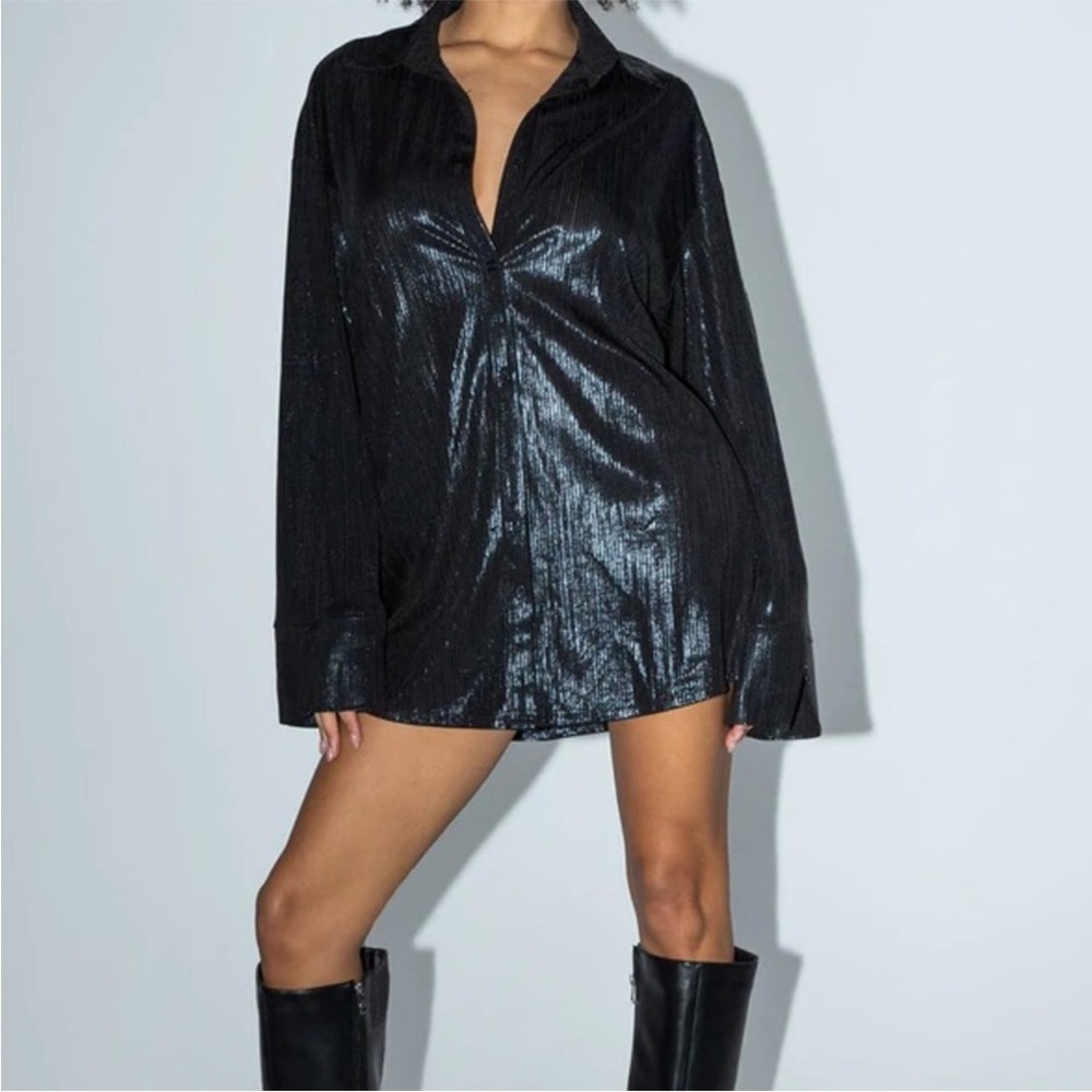 Princess Polly Jayce Black Shine Stripe Button Up Oversized Shirt Dress